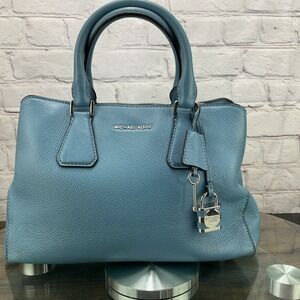 Michael Kors Sky Blue Camille Soft Pebbled Leather Satchel With Lock And Key